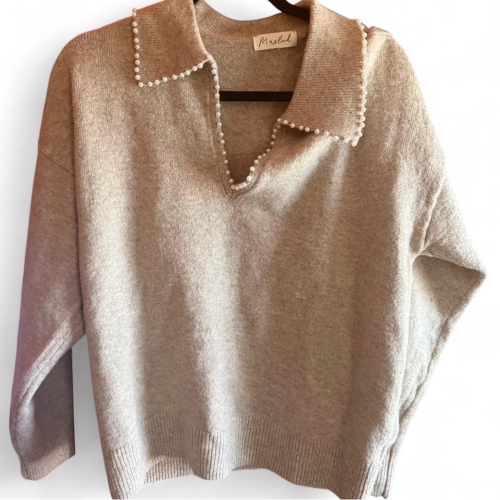 Pearl-Trim V-Neck Sweater in Beige